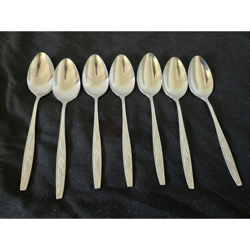 7 Vintage Castle Court Wheat Stainless Teaspoons Flatware Silverware Farmhouse